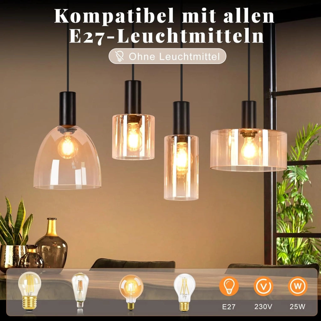 ZMH Lampada a Sospensione 4 Luci Vetro Ambra Industriale Altezza Regolabile per Soggiorno Sala da Pranzo Senza Lampadina