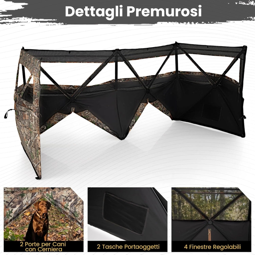 Barriera di Caccia Mimetico a 3 Lati Portatile 360°, Nascondiglio Pop-up 1-3 Persone con Porta per Cani, Tessuto Oxford con Borsa Trasporto, per Fotografia Naturale e Caccia