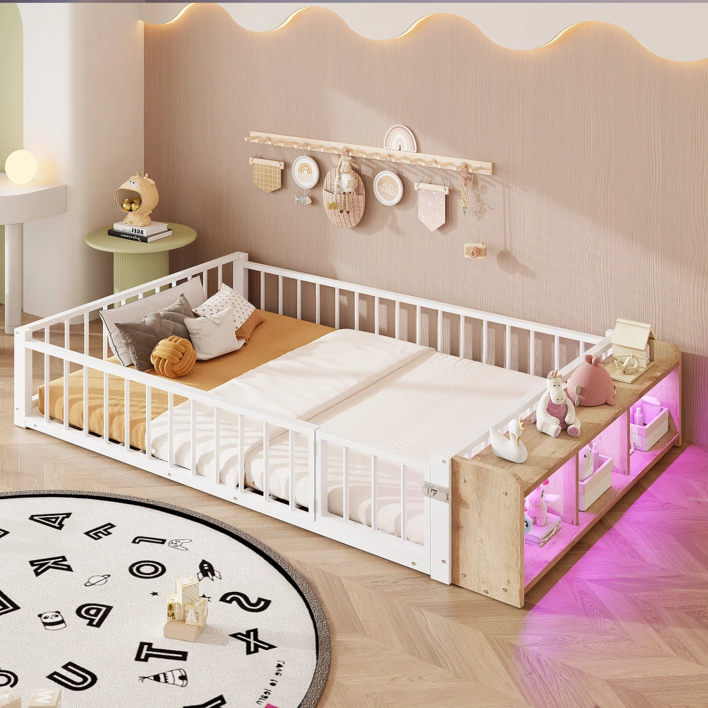 Letto in metallo con cassetti LED 140x200 MDF bianco e metallo
