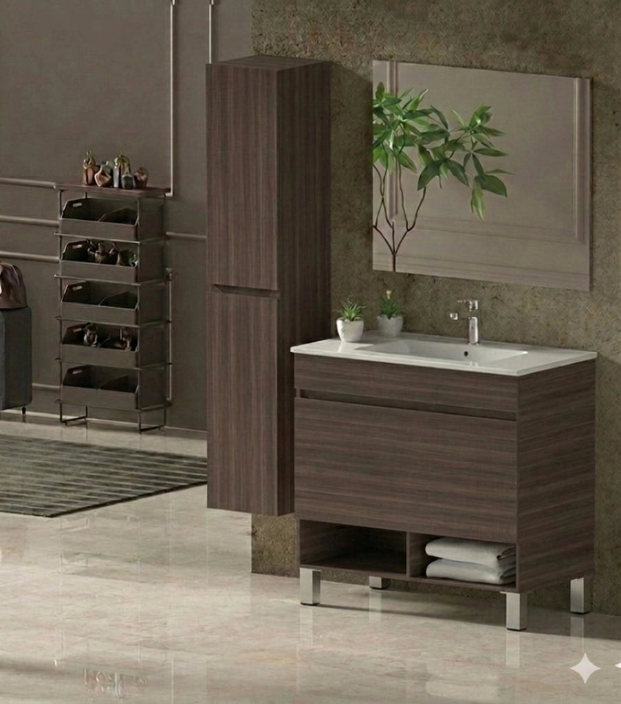 Mobile Bagno NEBARI com gambe Già Montato 1 cassetto, lavabo e specchio Frassino tea 60x45 cm con colonna