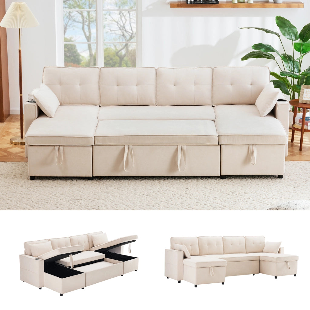 DIVANO LETTO U-forma 270 x 130 x 86 cm Beige in cotone e lino