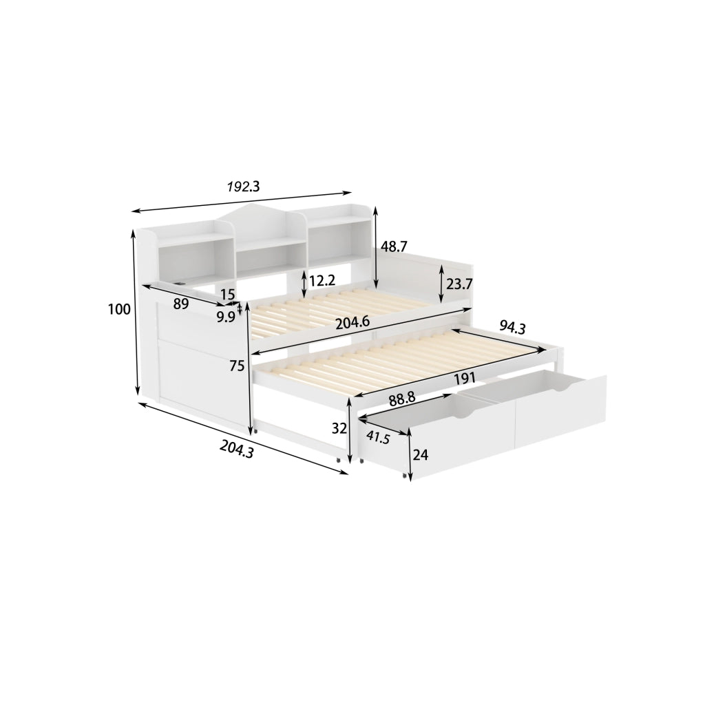 DESMIU Divano letto 90 × 200 cm 1 posto con cassetti, vano, cestino e presa USB, senza materasso, legno, bianco