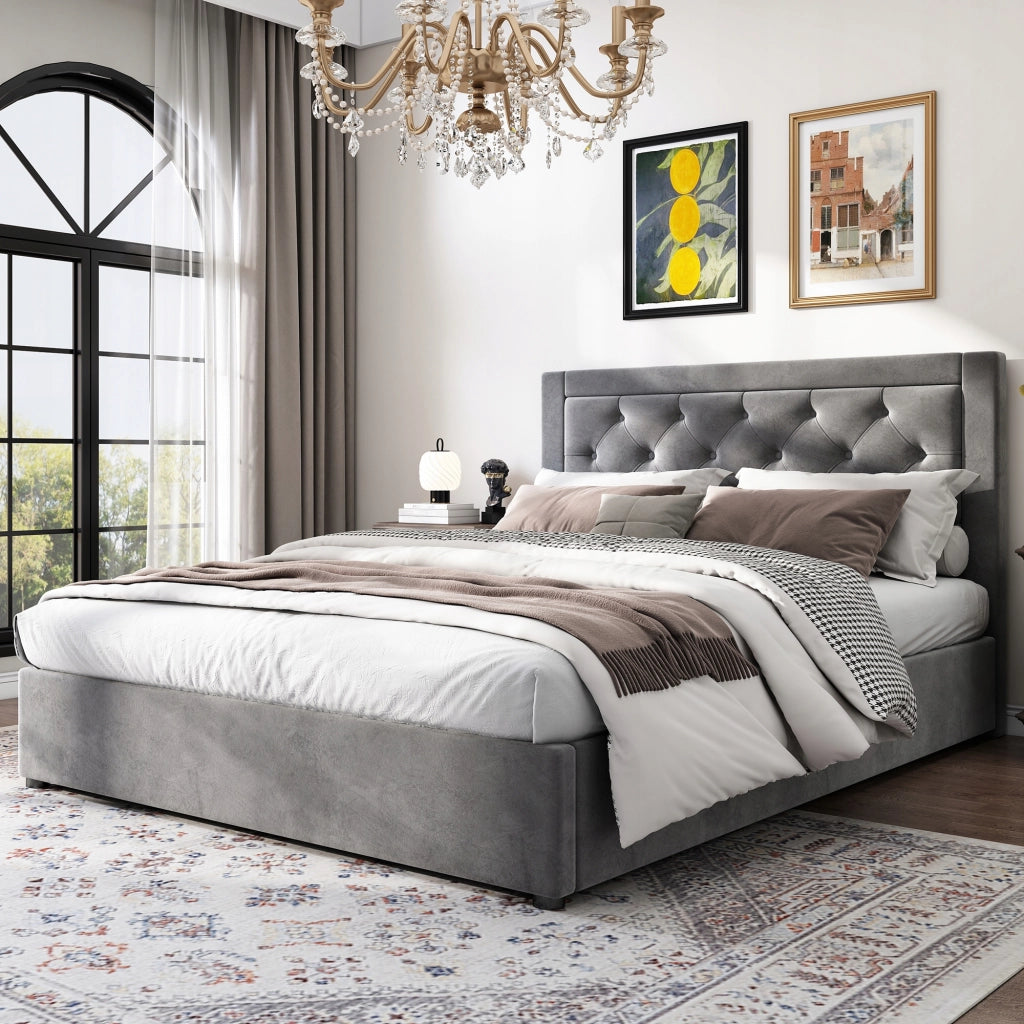 Letto imbottito Chesterfield - Xylo - 140x200 - Grigio - Stelaio sollevabile