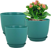 Set di 3 contenitori per piante in plastica decorativa 10/9/8 pollici verde blu - per piante da interni ed esterni con fori di drenaggio e piatto di servizio