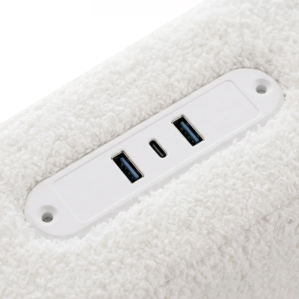 Letto imbottito 160x200 cm con USB Type-C; LED e 4 cassetti in sherpa bianco