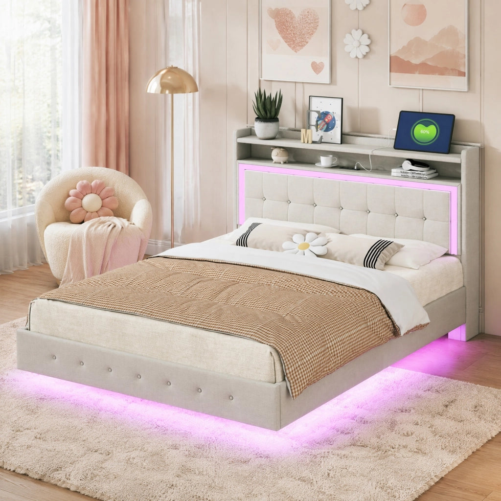 Letto imbottito 140x200 cm beige con USB, LED e vano testata