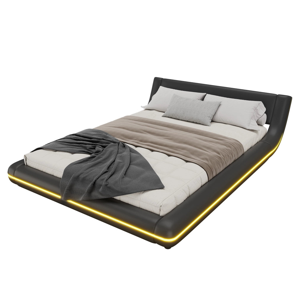 Letto a pavimento 140x200 cm con LED; PU e MDF nero