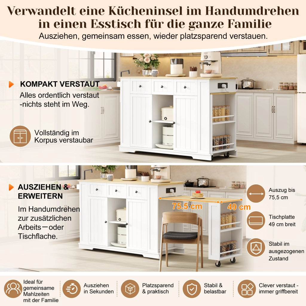 ISOLA CUCINA mobile con tavolo estraibile 138(213)x55x93 cm bianco e naturale