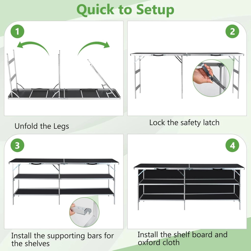 Tavolo da campeggio pieghevole con 2 ripiani, tavolo da picnic con struttura in lega di alluminio, 206 x 38 cm, schermo in tessuto Oxford, borsa da trasporto, per barbecue e campeggio
