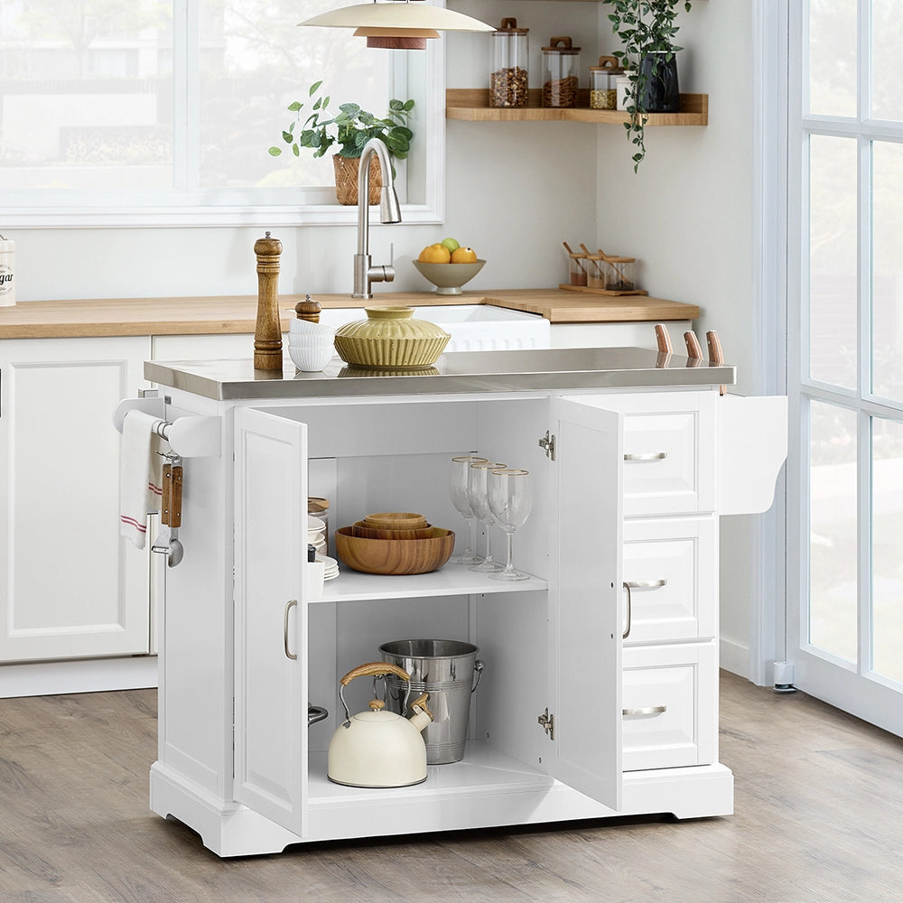 SoBuy | Isola cucina pieghevole in bianco | Carrello cucina a 4 ruote | Cucina a penisola con 2 porte | 128.0x71.0x91.0 cm | Capacità di carico 94 kg | FKW41-II-ST