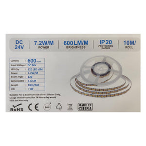 24V Bobina Striscia Led Da 10 Metri IP20 3000K 7,2W/M 1200 smd 2835 600 LM/M SKU-212622