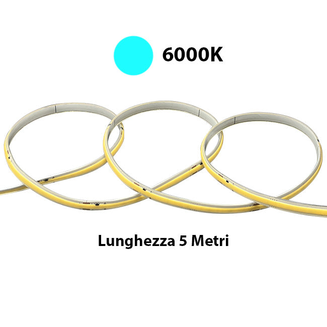 24V Striscia LED COB IP65 11W/M Bianco Freddo 6000K 5 Metri 480 LED/M 841LM/M CRI≥90 W8xH4.5mm 180°