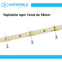 24V Striscia Led SMD Da 10 Metri, 16W/M 135lm/W 182SMD/M, Bianco Caldo 3000K, Larga 8mm, Dimmerabile PWM, Tagliabile ogni 7smd Da 38mm, IP20, CRI>80
