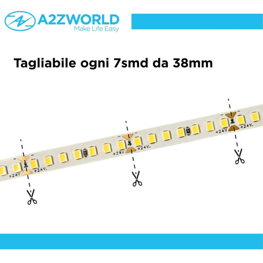24V Striscia Led SMD Da 10 Metri, 16W/M 135lm/W 182SMD/M, Bianco Caldo 3000K, Larga 8mm, Dimmerabile PWM, Tagliabile ogni 7smd Da 38mm, IP20, CRI>80