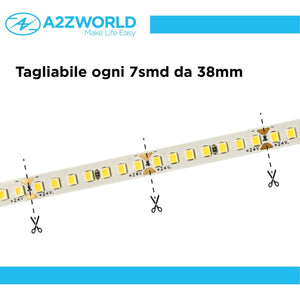 24V Striscia Led SMD Da 10 Metri, 16W/M 135lm/W 182SMD/M, Bianco Freddo 6500K, Larga 8mm, Dimmerabile PWM, Tagliabile ogni 7smd Da 38mm, IP20, CRI>80