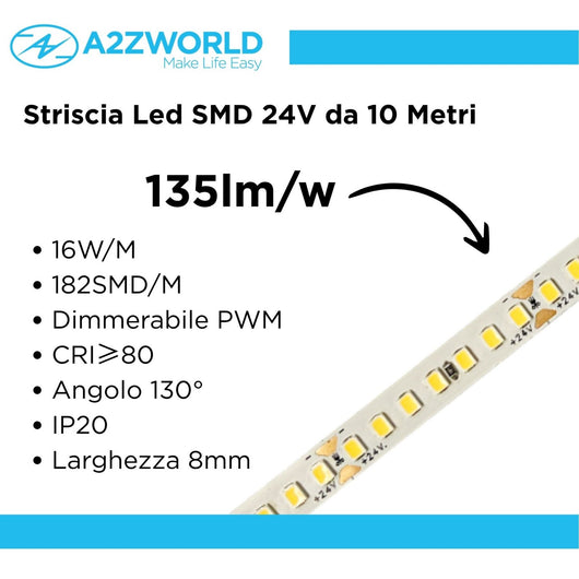 24V Striscia Led SMD Da 10 Metri, 16W/M 135lm/W 182SMD/M, Bianco Neutro 4000K, Larga 8mm, Dimmerabile PWM, Tagliabile ogni 7smd da 38mm, IP20, CRI>80