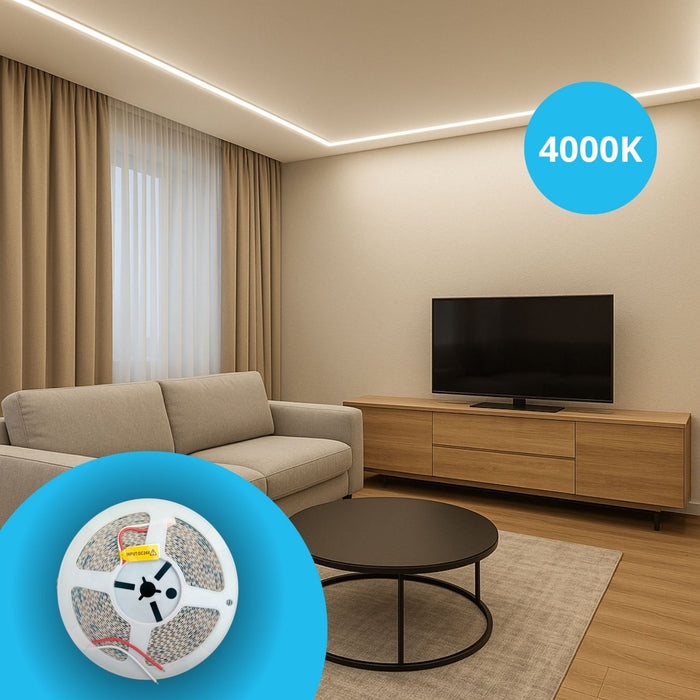 24V Striscia Led SMD Da 10 Metri, 16W/M 135lm/W 182SMD/M, Bianco Neutro 4000K, Larga 8mm, Dimmerabile PWM, Tagliabile ogni 7smd da 38mm, IP20, CRI>80