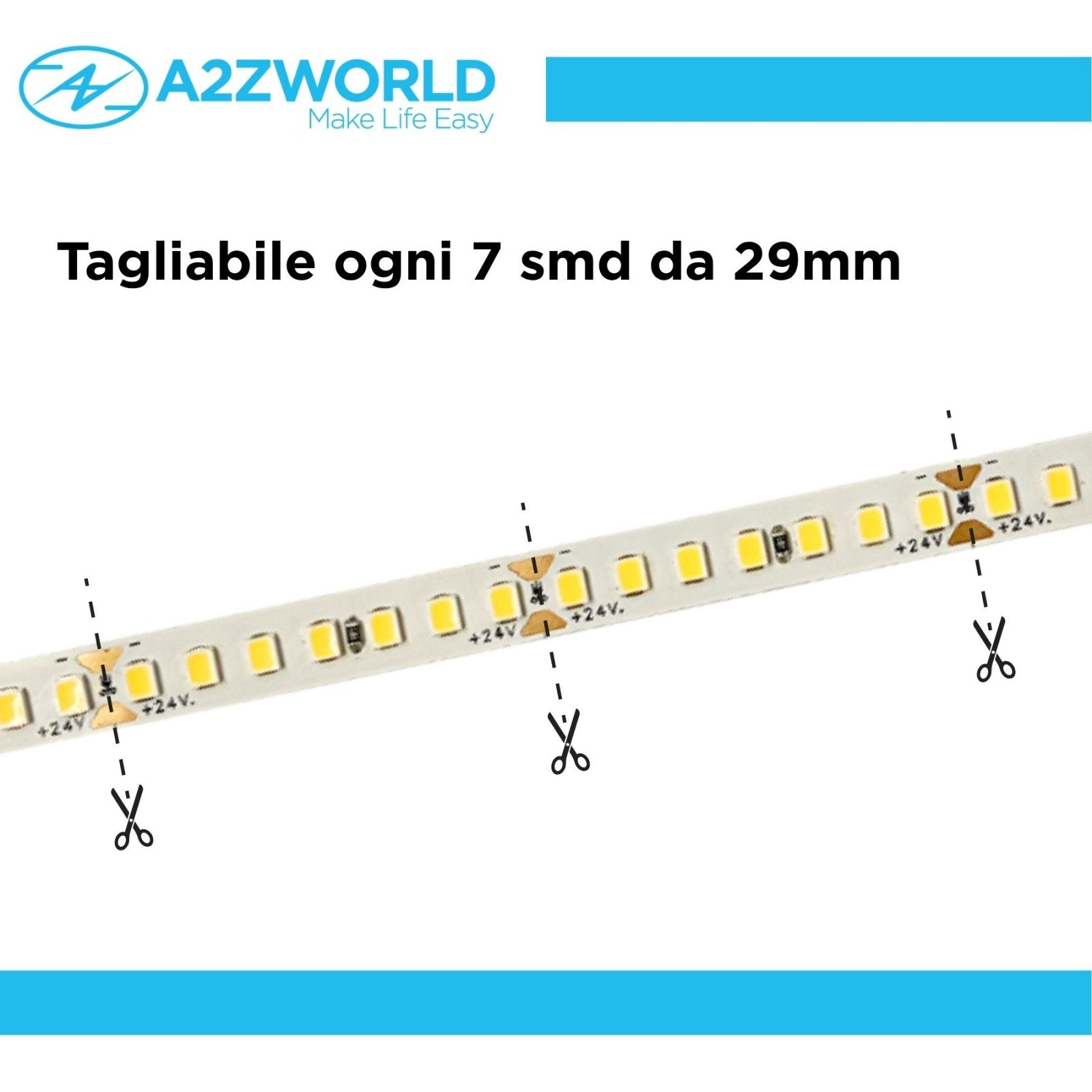 24V Striscia Led SMD Da 10 Metri, 20W/M 135lm/W 238SMD/M, Bianco Caldo 3000K, Larga 10mm, Dimmerabile PWM, Tagliabile ogni 7 smd da 29mm, IP20, CRI>80