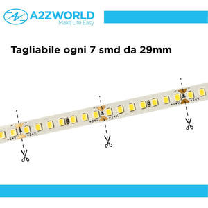 24V Striscia Led SMD Da 10 Metri, 20W/M 135lm/W 238SMD/M, Bianco Caldo 3000K, Larga 10mm, Dimmerabile PWM, Tagliabile ogni 7 smd da 29mm, IP20, CRI>80