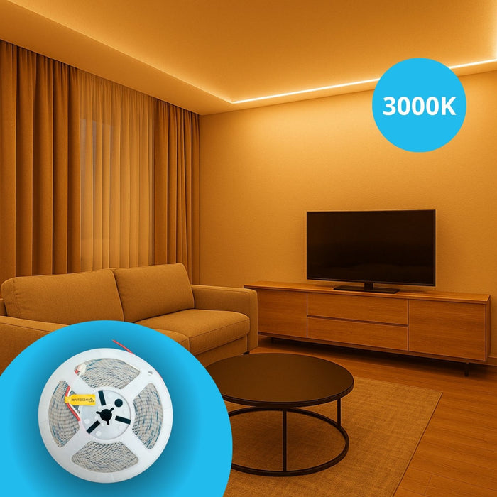 24V Striscia Led SMD Da 10 Metri, 20W/M 135lm/W 238SMD/M, Bianco Caldo 3000K, Larga 10mm, Dimmerabile PWM, Tagliabile ogni 7 smd da 29mm, IP20, CRI>80