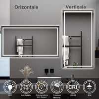 AICA Specchio da bagno  80 x 120 cm, dimmerabile, interruttore touch, Funzione Memoria, antiappannamento, 3 colori