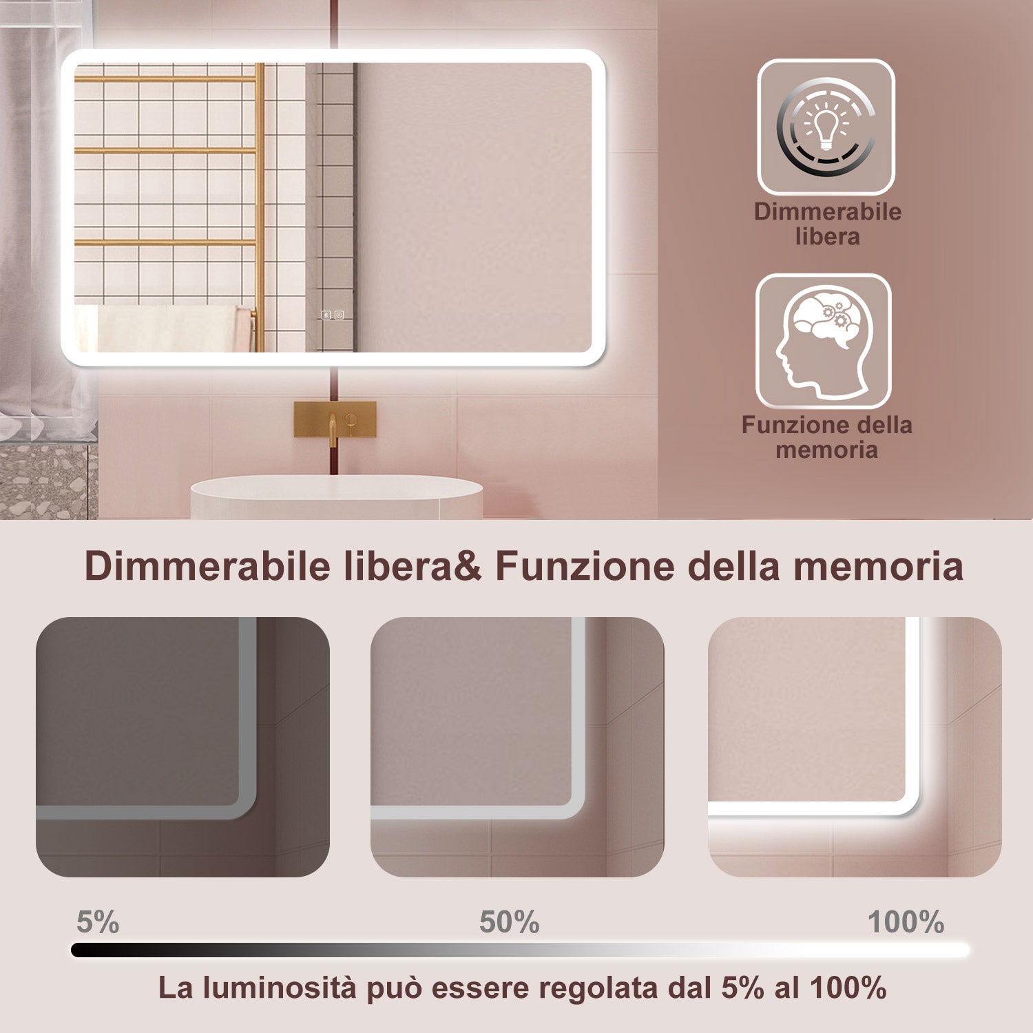 AICA Specchio da bagno  70 x 120 cm, dimmerabile, Blue tooth, Funzione Memoria, antiappannamento, 3 colori