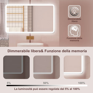 AICA Specchio da bagno  70 x 120 cm, dimmerabile, Blue tooth, Funzione Memoria, antiappannamento, 3 colori