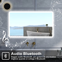 Specchio da bagno Rettangolare con 120x70cm,Blue tooth,3 colori,Memoria, Antifog,Regorabile,Retroilluminato,doppio interruttore,