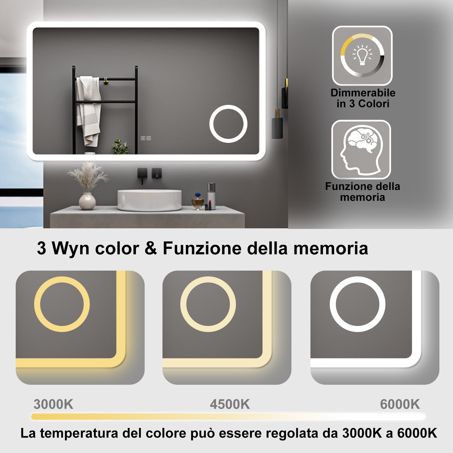 AICA Specchio da bagno  100 x 60 cm, dimmerabile, Blue tooth, Funzione Memoria, antiappannamento, 3 colori, Magnificatore