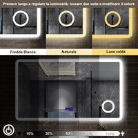 120 x 70 cm,AICA Specchio da Bagno LED con Luce, 3 Colori Regolabili,Blue tooth, Ingrandimento, orologio,memoria, antiappannamento,CRI>90,autospegnimento