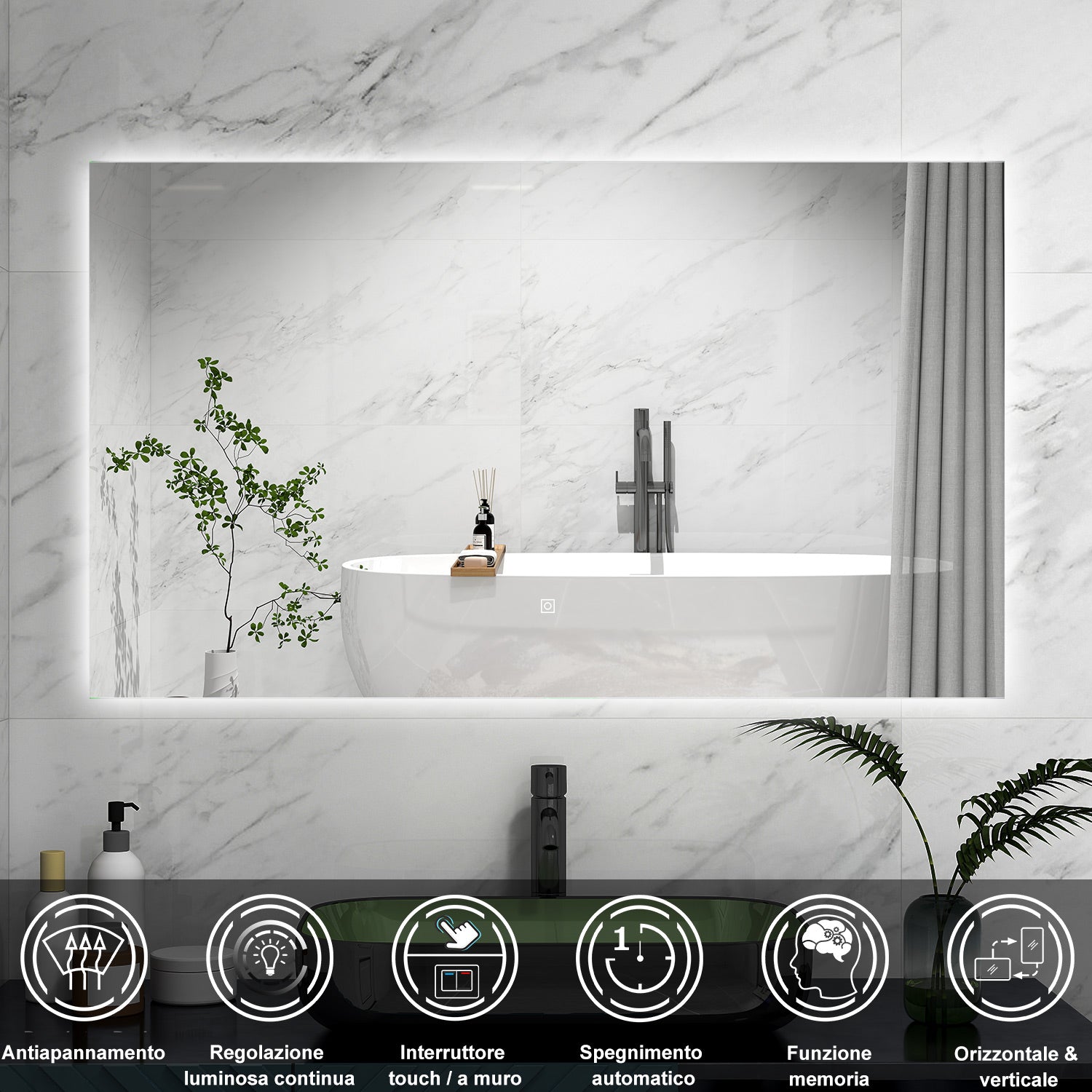 AICA Specchio da bagno 100 x 60 cm, antiappannamento, Regorabile, interruttore touch, Funzione Memoria