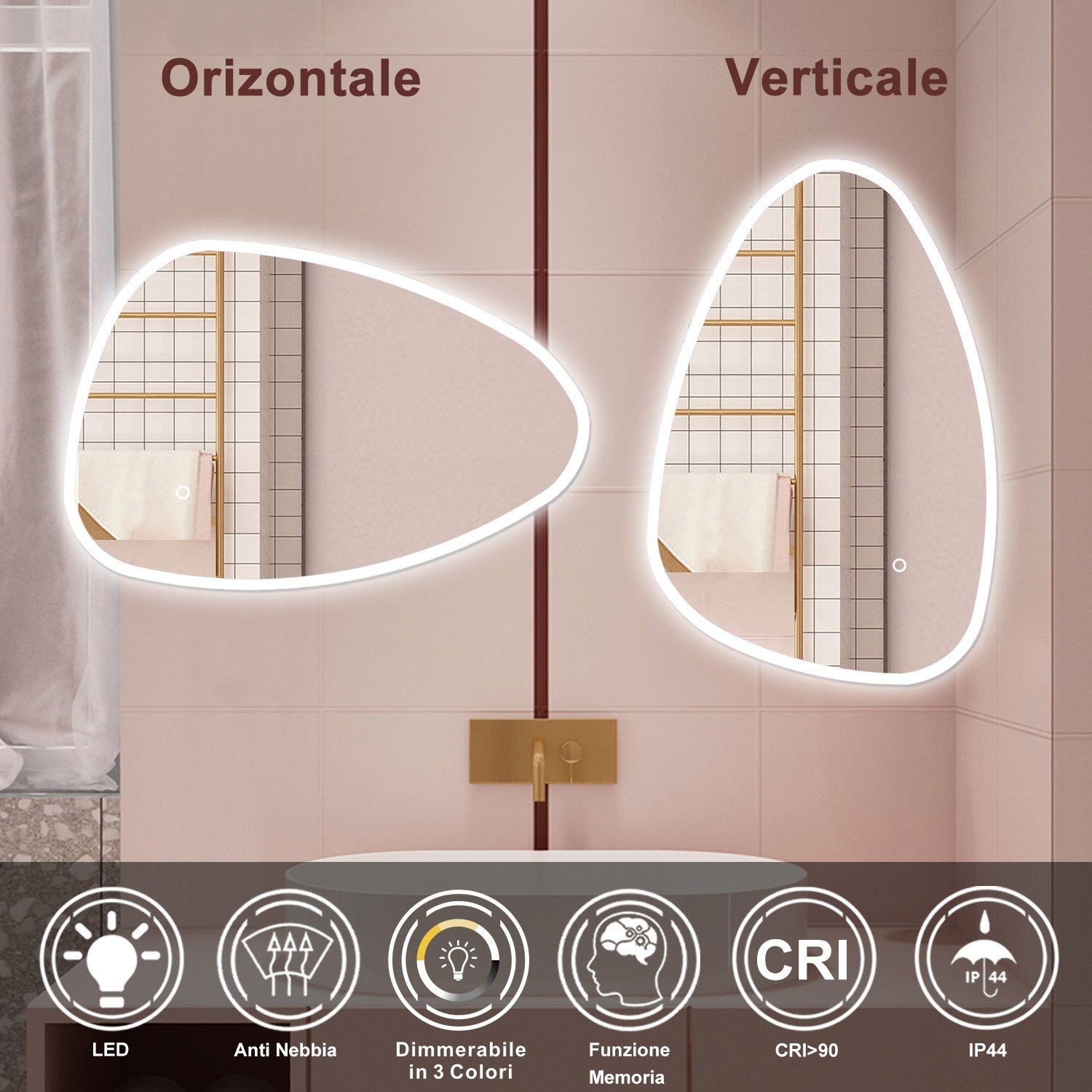 AICA Specchio da bagno 120 x 80 cm, dimmerabile, Funzione Memoria, antiappannamento, 3 colori
