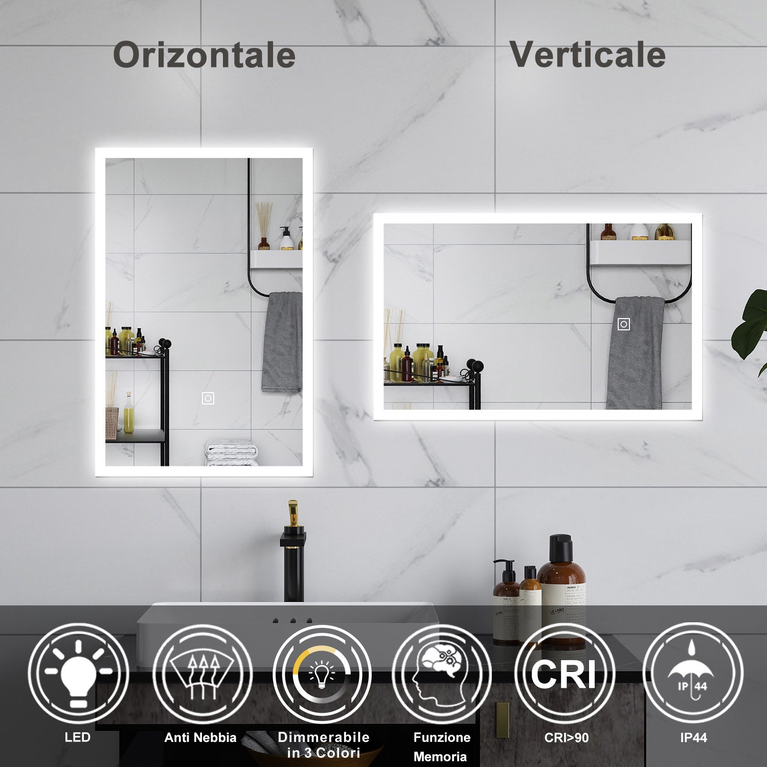 AICA Specchio da bagno  50 x 70 cm, dimmerabile, Funzione Memoria, antiappannamento, 3 colori