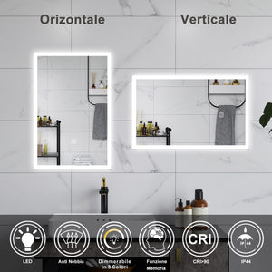 AICA Specchio da bagno  50 x 70 cm, dimmerabile, Funzione Memoria, antiappannamento, 3 colori