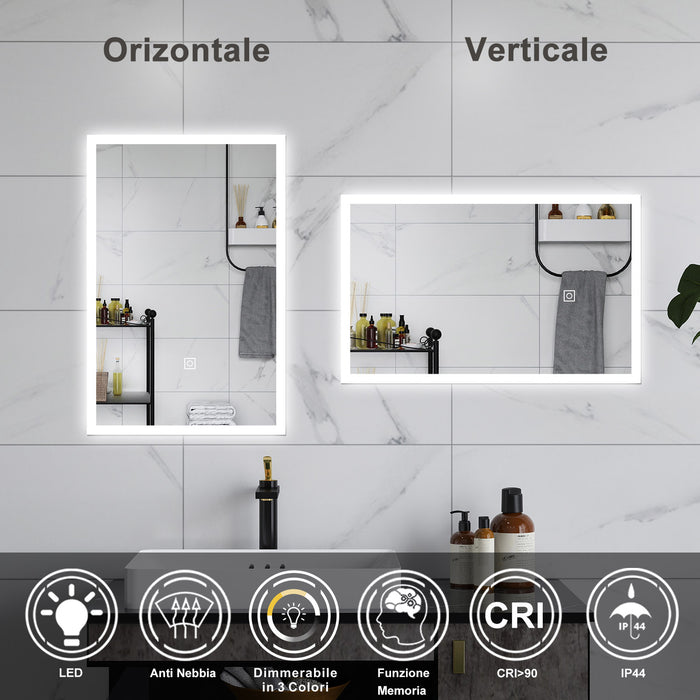 AICA Specchio da bagno  50 x 70 cm, dimmerabile, Funzione Memoria, antiappannamento, 3 colori