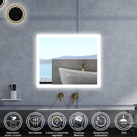 Specchio da bagno Rettangolare con 90x70cm,3 colori,Memoria, Antifog,Regorabile,Retroilluminato,doppio interruttore,