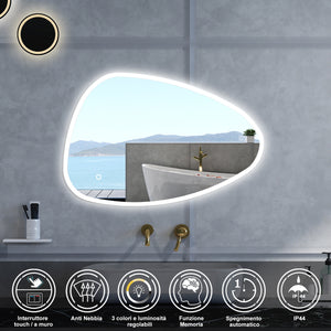 Specchio da bagno Asimmetrico con 120x80cm,3 colori,Memoria, Antifog,Regorabile,Retroilluminato,doppio interruttore,