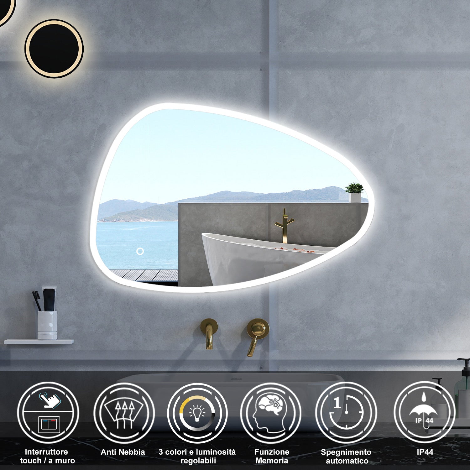 Specchio da bagno Asimmetrico con 100x80cm,3 colori,Memoria, Antifog,Regorabile,Retroilluminato,doppio interruttore,