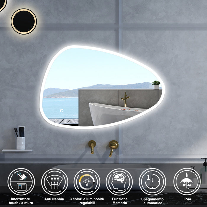 Specchio da bagno Asimmetrico con 100x80cm,3 colori,Memoria, Antifog,Regorabile,Retroilluminato,doppio interruttore,