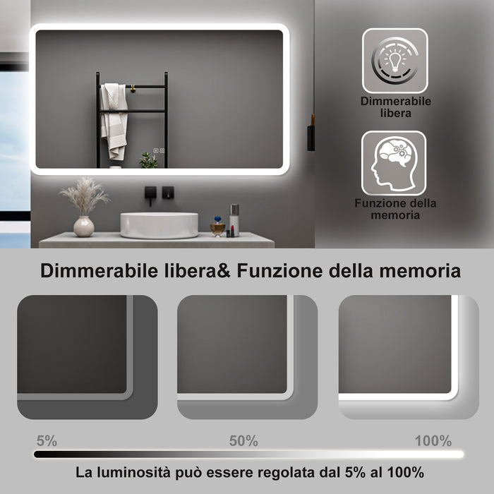 AICA Specchio da bagno  70 x 120 cm, dimmerabile, Blue tooth, Funzione Memoria, antiappannamento, 3 colori