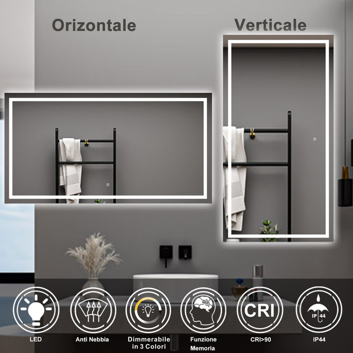 AICA Specchio da bagno  80 x 150 cm, dimmerabile, interruttore touch, Funzione Memoria, antiappannamento, 3 colori