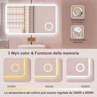 AICA Specchio da bagno  100 x 60 cm, dimmerabile, Blue tooth, Funzione Memoria, antiappannamento, 3 colori, Magnificatore