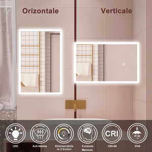 AICA Specchio da bagno  50 x 70 cm, dimmerabile, Funzione Memoria, antiappannamento, 3 colori