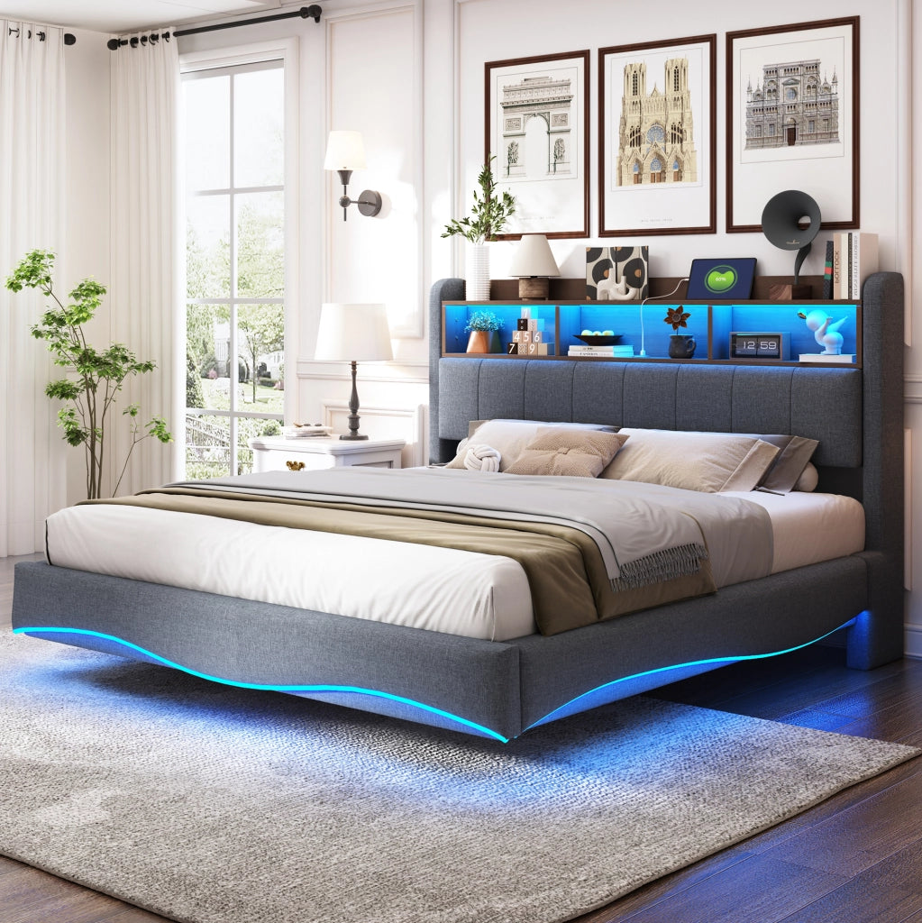 Letto imbottito sospeso 160x200 cm con LED; porte USB e Type-C; grigio