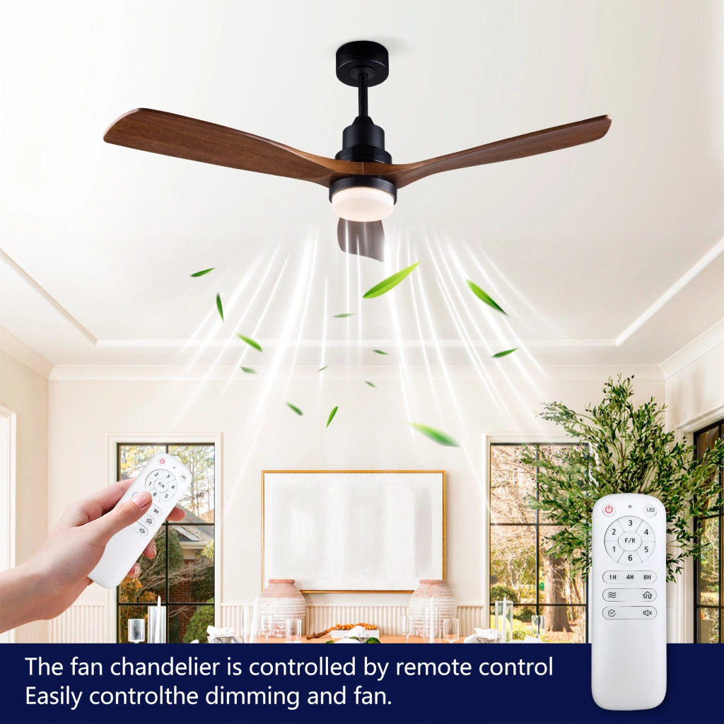 Ventilatore da soffitto con luce; telecomando e pale in legno massello; nero e noce scuro