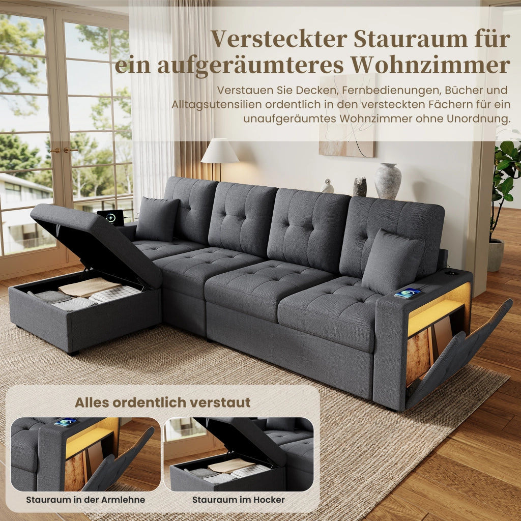 DIVANO ANGOLARE L 4 POSTI 253 cm Grigio Antico in Lino con pouf posizionabile