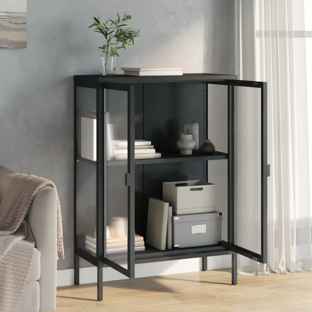 Credenza-Buffet-Armadio da cucina Nera 75x35x105 cm Vetro e Acciaio