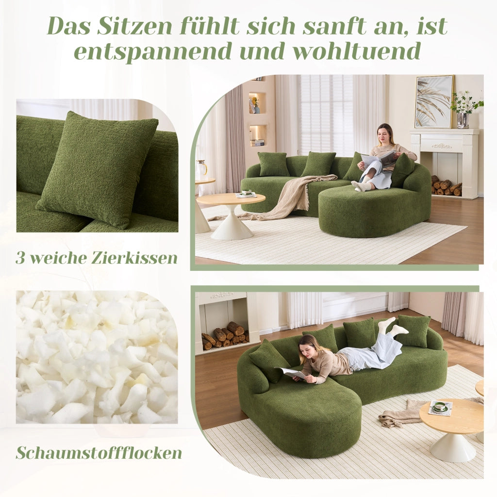 Divano modulare angolare con chaise longue sinistra e 2 posti; montaggio senza attrezzi in chenille verde