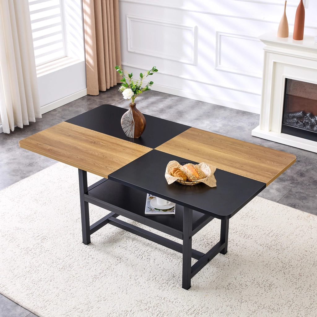 Tavolo da pranzo per 4-6 persone con ripiano integrato, struttura in MDF e metallo, nero e legno, 160 × 90 × 76 cm