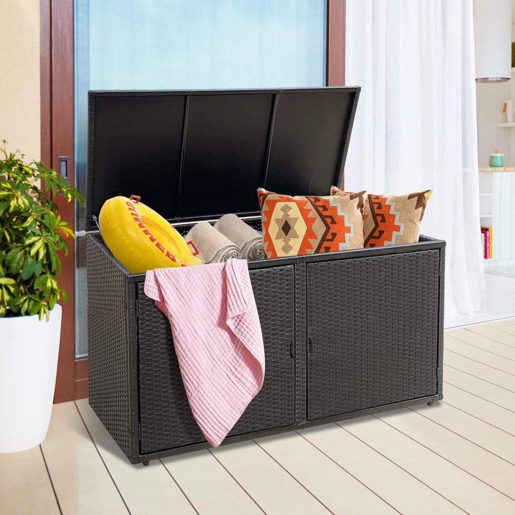 Cassapanca Per Esterni in Metallo e PE Rattan, Ideale Per Tenere in Ordine, 310 L,115 x 60 x 65/120 cm, 2 Colori (Nero)